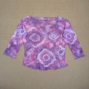 Y2K Purple Tie Dye Mesh Lettuce Hem Top Sheer Long Sleeve Wide Neck Retro Size M